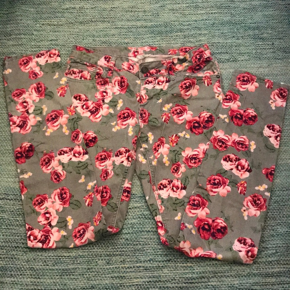 Gray Floral Pants, Pink Rose Print